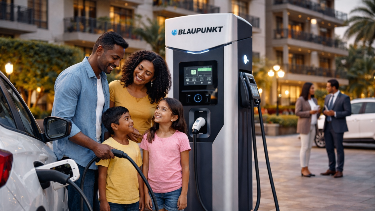 A family connecting their electric car to a Blaupunkt charging station outside a building.