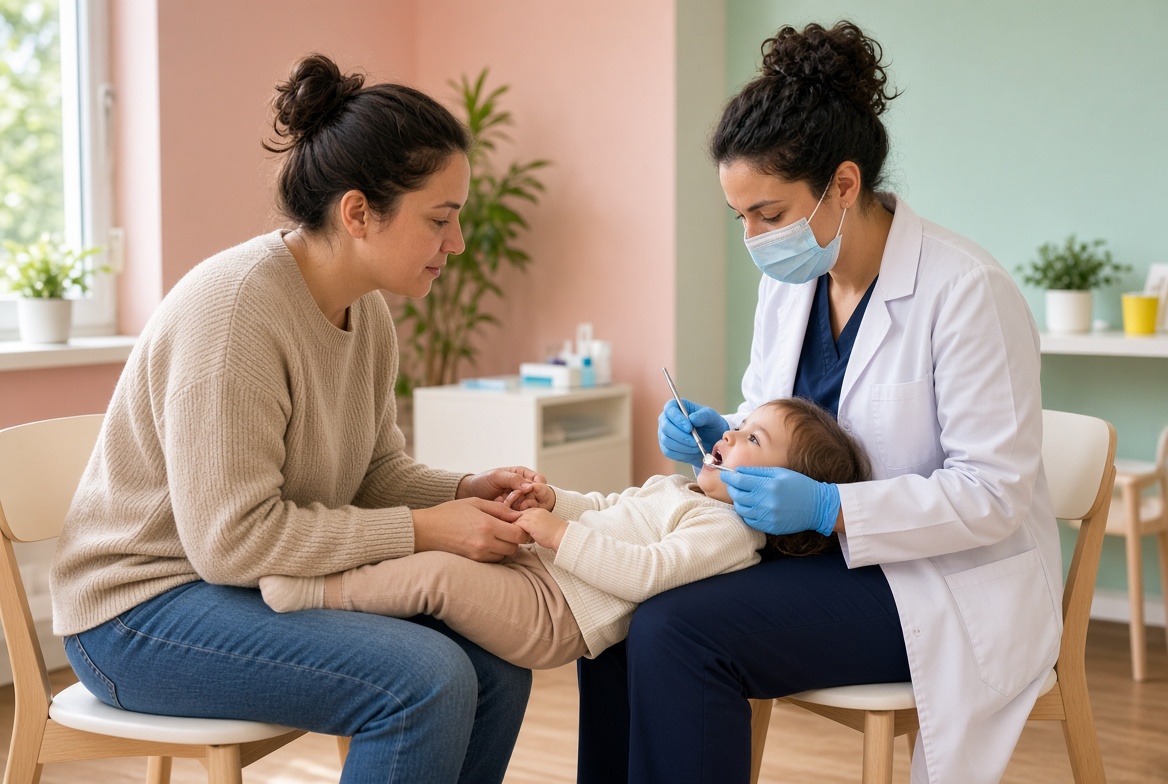 A parent holds her child’s hands during a knee-to-knee dental exam, with the child’s head supported on the dental professional’s lap.
