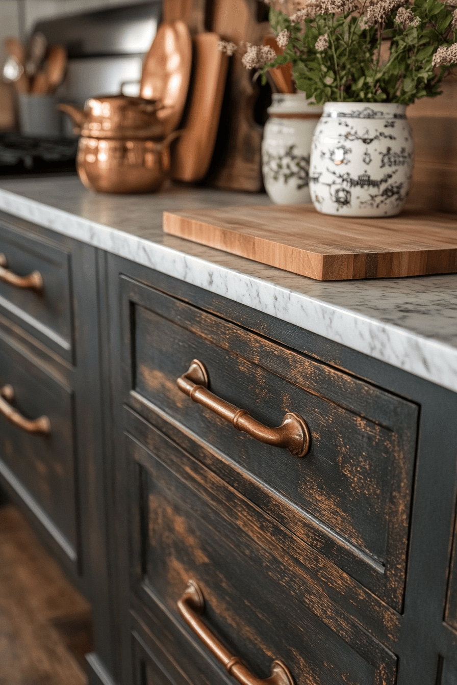 Patinated dark wooden drawers with brass handles beneath a marble counter, copper cookware, and patterned ceramic vessels