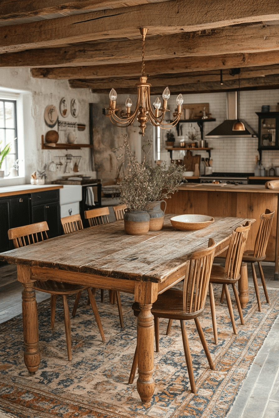 Weathered wooden dining table and spindle-back chairs beneath a brass chandelier and exposed timber beams