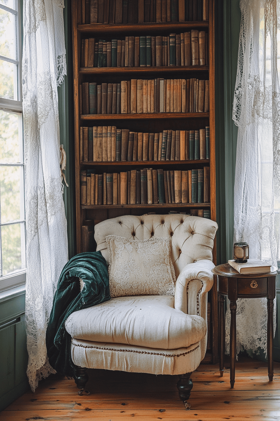 Cream tufted armchair with a deep green throw beside a wooden bookcase filled with old books and lace-curtained windows